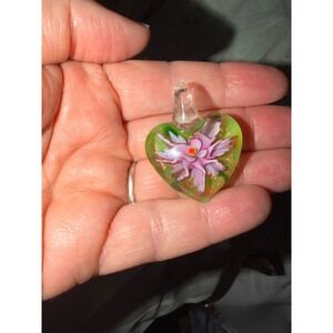Lampwork Handblown Glass Pendant- Heart Flowers Pendant Art 1x1.5"